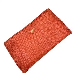 Prada Oversized Woven Madras Burnt Orange Leather Clutch with Gold Logo